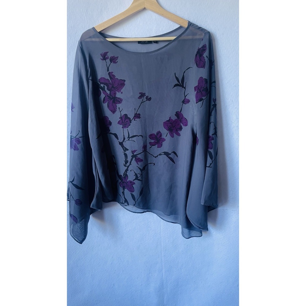APT 9 Gray/gray Purple Floral Branches  Sheer‎ Blouse,dramatic Wide Bell Sleeves